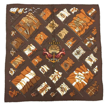 HERMES Carre 45 Scarf Muffler PAVOIS Flag Pattern Brown 100% Silk