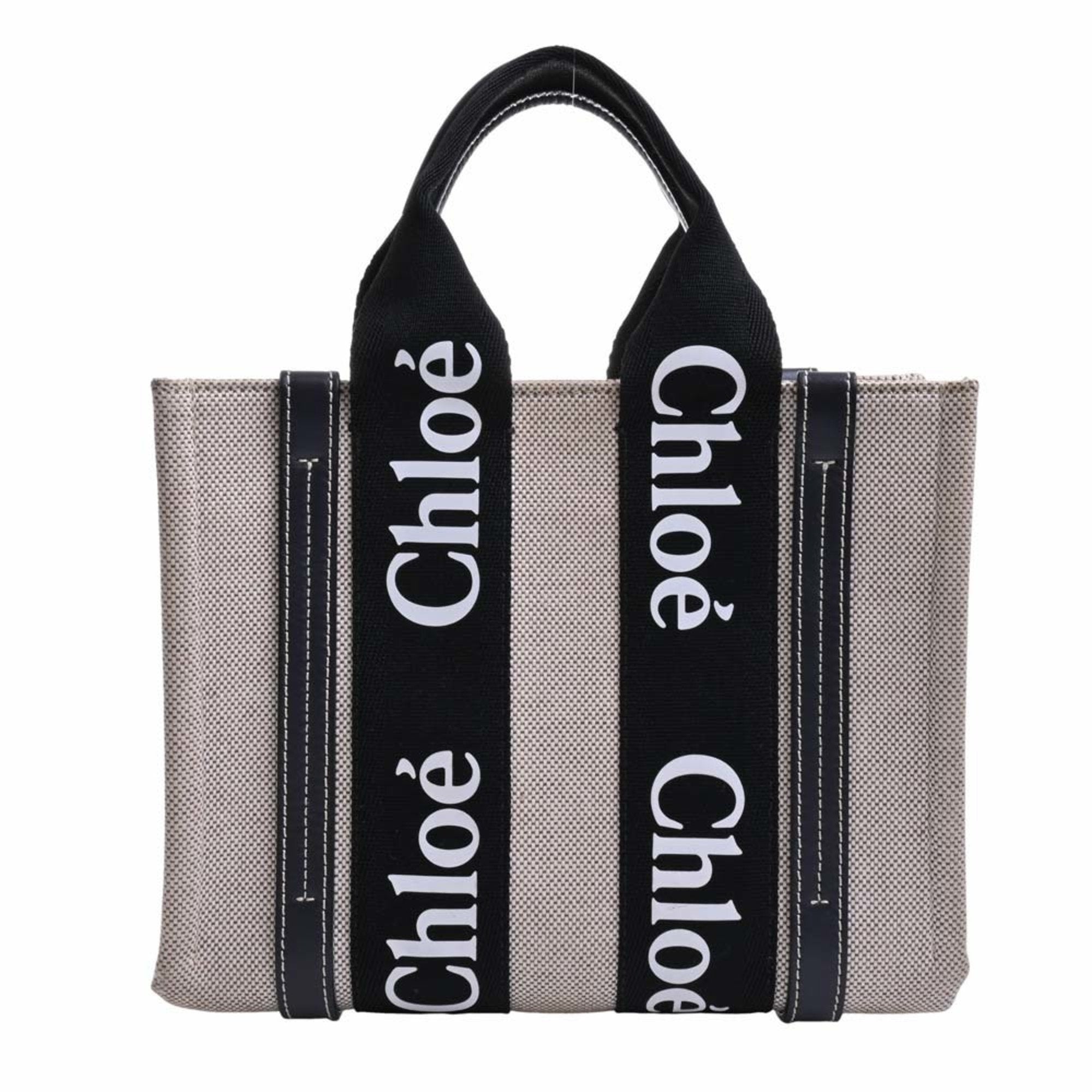 CHLOE canvas leather woody small tote bag beige black ladies