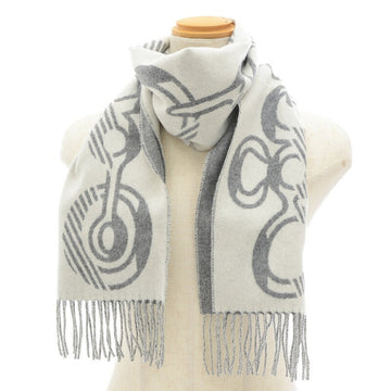 HERMES Double Face Chain Pattern Scarf Fringe Gray White Cashmere 140×30