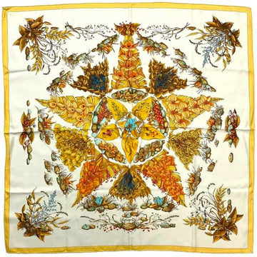 HERMES Scarf Carre 90 Yellow Brown White Multicolor Pythagoras 100% Silk  Pythagore Large Size Dead Leaves Star Fallen