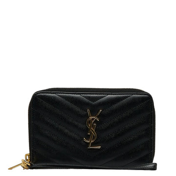 SAINT LAURENT Cassandra V Stitch Round Long Wallet 385954 Black Leather Women's