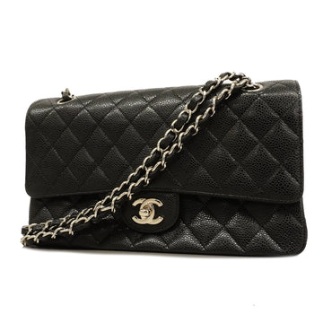 Chanel Matelasse W Flap W Chain Women's Caviar Leather Shoulder Bag Black