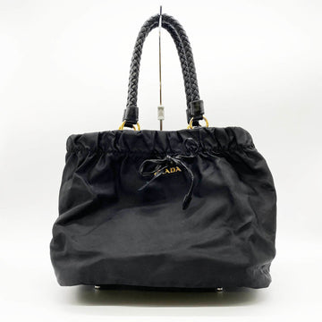 PRADA Handbag Ribbon Braided Handle Gathered Black Gold Hardware Nylon Leather Ladies Brand Bag USED