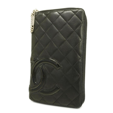 CHANEL Long Wallet Cambon Lambskin Black Pink Silver Hardware Women's