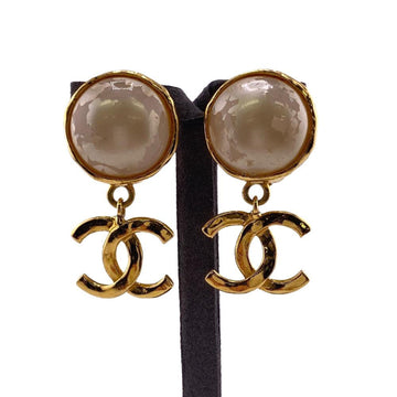 CHANEL 95A Coco Mark Fake Pearl Earrings Gold Women's