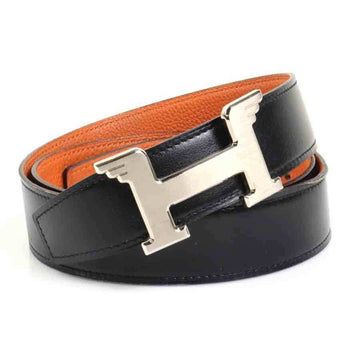 HERMES belt Constance Pegasus leather black x orange silver men's