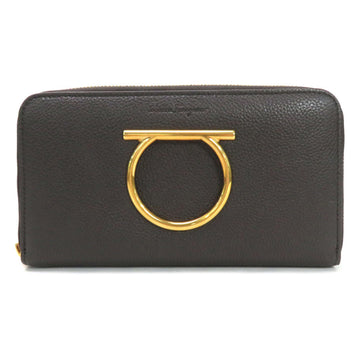 SALVATORE FERRAGAMO Round Zipper Long Wallet Gancini Dark Brown x Gold Hardware Leather Metal Material Women's