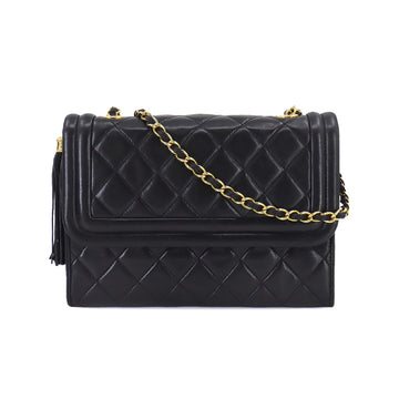 CHANEL Matelasse Chain Shoulder Bag Fringe Leather Black Vintage Gold Hardware