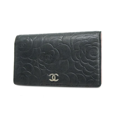 CHANEL Long Wallet Camellia Lambskin Black Silver Hardware Women's