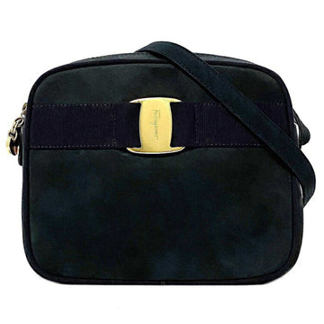 Salvatore Ferragamo Ferragamo Shoulder Bag Navy Gold Vala DE-21 3096 Suede Leather Salvatore Pochette Ribbon Ladies Blue