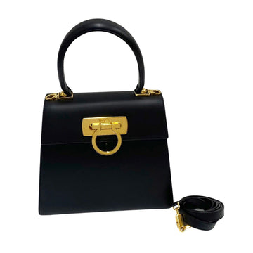 SALVATORE FERRAGAMO Gancini Hardware Calf Leather 2way Handbag Shoulder Bag Black