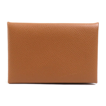 HERMES Card Case Calvi Leather Brown Unisex