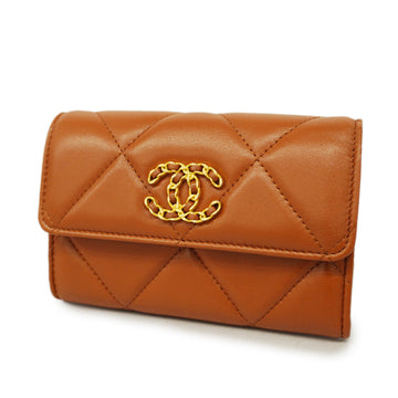 CHANELAuth  19 Gold Hardware Women's Lambskin Long Wallet [bi-fold] Brow