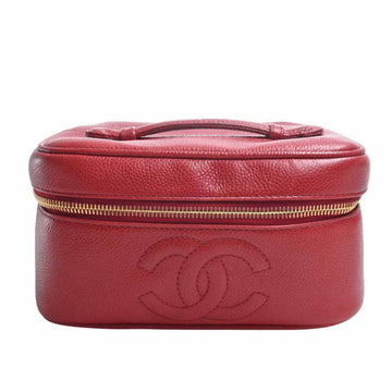 CHANEL Caviar Skin Coco Mark Vanity Bag Handbag Red Ladies