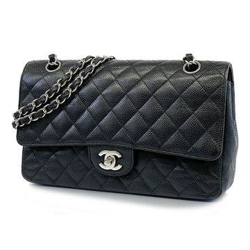 CHANEL Shoulder Bag Matelasse W Flap Chain Caviar Skin Black Silver Hardware Women's