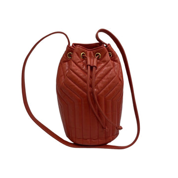 YVES SAINT LAURENT Logo Stitch Drawstring Leather Genuine Shoulder Bag Crossbody Red 31602
