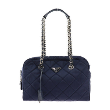 PRADA Handbag 1BB903 Nylon BALTICO Navy Silver Hardware Chain Shoulder Bag Mini Boston Quilted Tessuit Triangle Logo