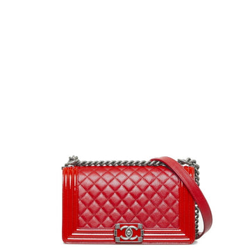 CHANEL Boy Matelasse Coco Mark Chain Shoulder Bag Red Leather Patent Women's