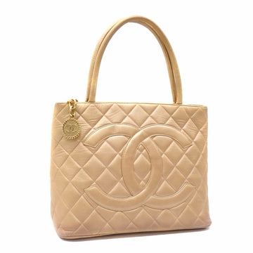 Chanel Tote Bag Matelasse Reprint Ladies Beige Lambskin Hand Cocomark Leather