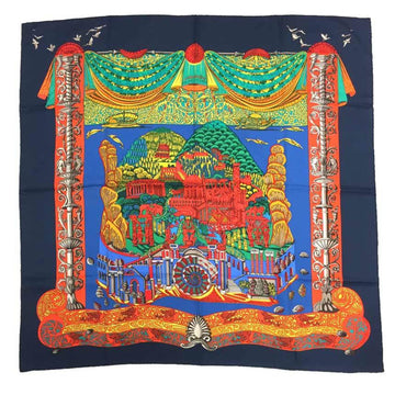 HERMES Carre 90 Scarf Muffler L'ATLANTIDE Atlantis Continent Navy Silk 100%