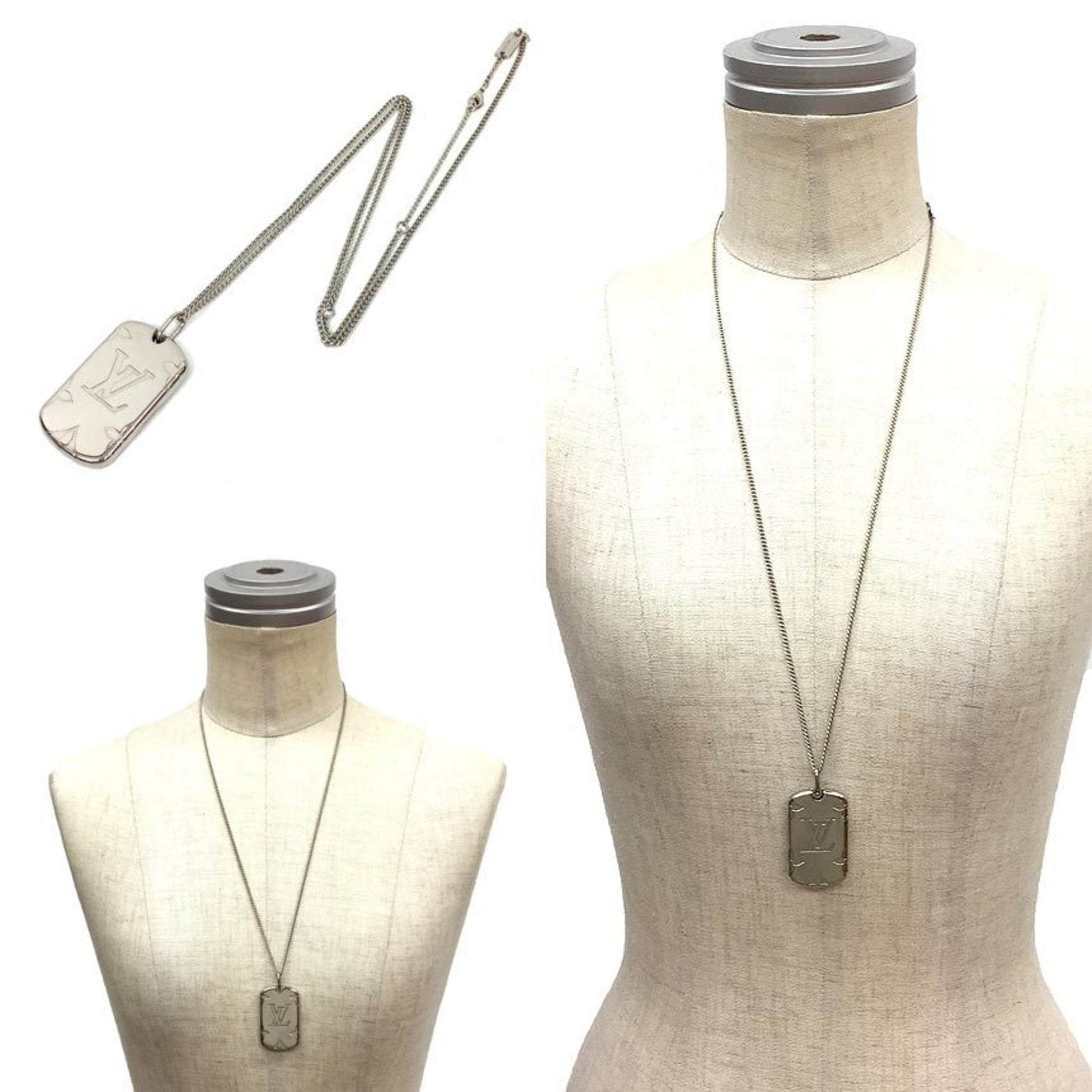 LOUIS VUITTON Monogram Chain Shades Locket Pendant Necklace Silver 1233554