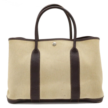 HERMES Garden PM Tote Bag Handbag Toile Ash Canvas Leather Khaki Beige Dark Brown H Stamp