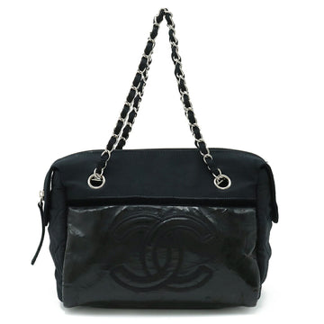 CHANEL Chain bag handbag enamel patent leather cotton jersey black