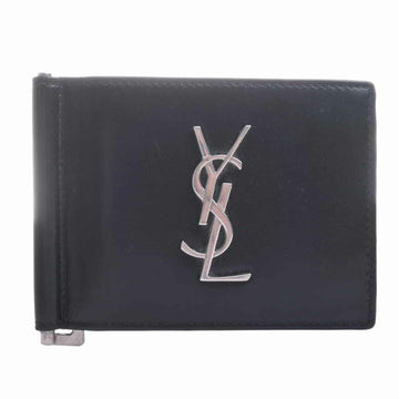 SAINT LAURENT Leather Money Clip Bifold Wallet Billfold 485630 Black