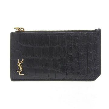 SAINT LAURENT Leather TINY MONOGRAM Croco Embossed Card Case Coin Black