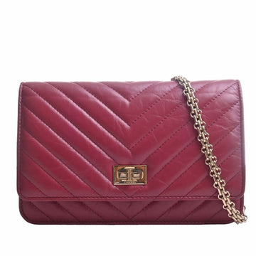 CHANEL Leather 2.55 V Stitch Chain Shoulder Long Wallet Red Ladies