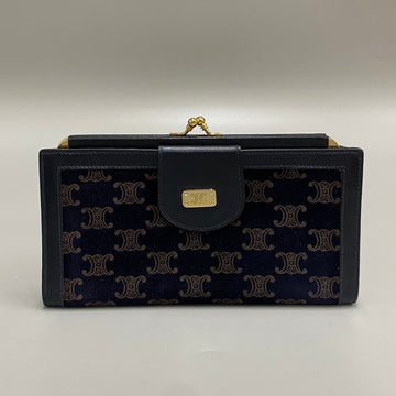 CELINE Vintage Triomphe Metal Fittings All Over Pattern Suede Leather Clasp Long Wallet Black Brown 85491