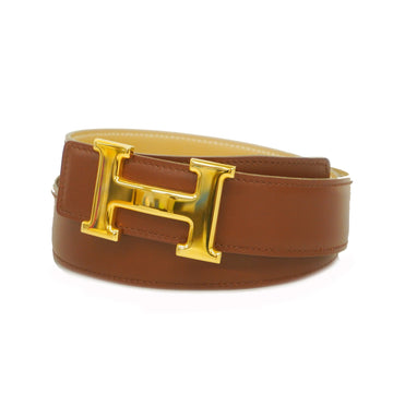 HERMESAuth  Constance A Stamp Gold Metal Fittings Leather Belt Beige,Brown
