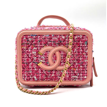 CHANEL Crossbody Shoulder Bag CC Filigree Tweed/Leather Pink Women's