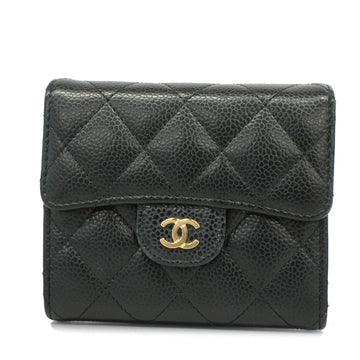 CHANELAuth  Matelasse Tri-fold Wallet Gold Metal Fittings Caviar Leather Black