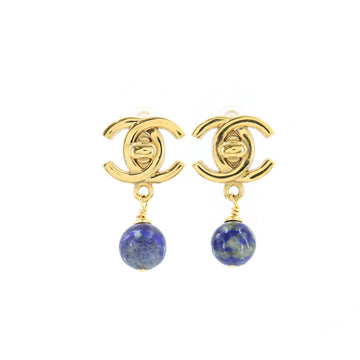 Chanel color stone here mark turn lock earrings gold blue 96P accessories vintage