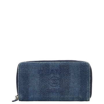 CHANEL Deauville Long Wallet Blue Navy Canvas Leather Women's