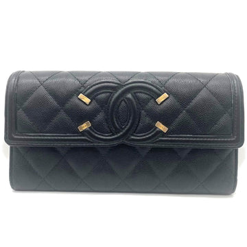 Chanel CC Filigree Zipper Long Wallet Cocomark Caviar Skin Matelasse A84448