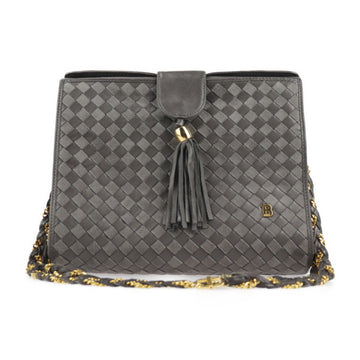 BALLY shoulder bag leather gray gold metal fittings 2WAY clutch tassel braided intrecciato