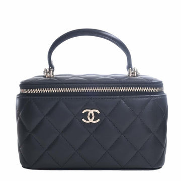 CHANEL Lambskin Matelasse Coco Mark Vanity Bag Handbag Black Ladies