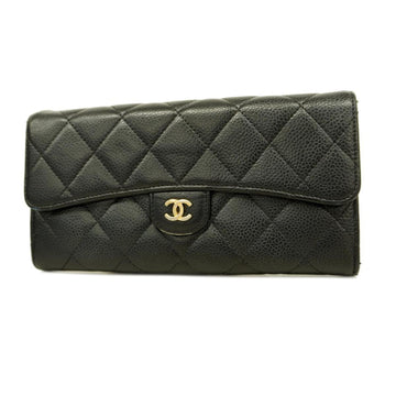 CHANEL Long Wallet Matelasse Caviar Skin Black Gold Hardware Women's