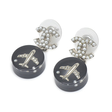 CHANEL Cocomark Earrings Imitation Pearl Airplane Flight Black 16S