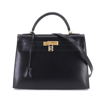 HERMES Kelly 32 2way hand shoulder bag box calf black outer sewing E stamped gold metal fittings