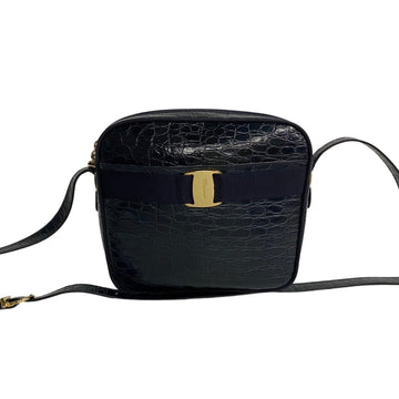 SALVATORE FERRAGAMO Vara Hardware Leather Genuine Mini Shoulder Bag Pochette Navy 28222
