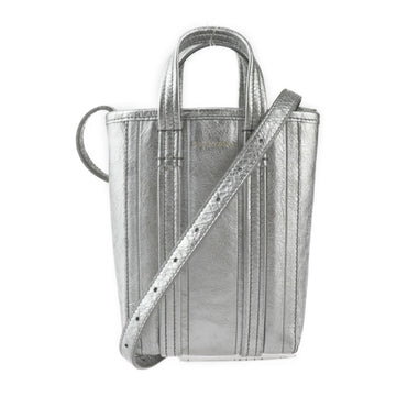 BALENCIAGA BARBES PHONE HOLDER Shoulder Bag 693793 Vintage Processed Leather Silver 2WAY Handbag Pochette