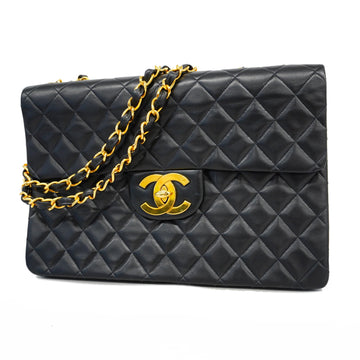 Chanel shoulder bag big matelasse W chain lambskin black gold metal