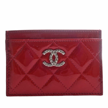 CHANEL Patent Brilliant Matelasse Cocomark Pass Case Red Ladies