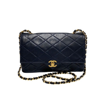 CHANEL Matelasse 23cm Lambskin Leather Genuine Chain Shoulder Bag Pochette Navy