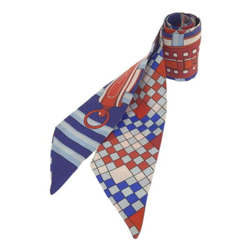 HERMES Silk Colliers de Chiens Remix Twilly Red/Blue Ladies