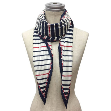 CHANEL pleated scarf triangle Carre silk 100% white × navy stripe muffler