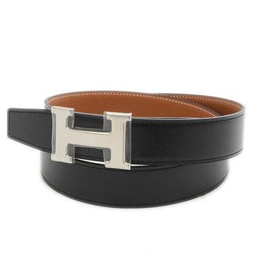 HERMES H Belt Boxcalf Black/Gold Silver Hardware Men's #90 B Engraved